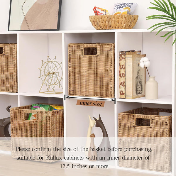 12X12Inch Plastic Wicker Cube Baskets Large Foldable Handwoven,4 Pack,Khaki4