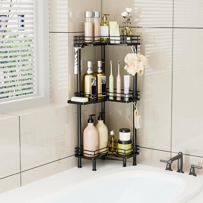Corner Shower Caddy Standing - 3-Tier Stainless Steel Shower Organizer with Soap Holder and 4 Hooks, Large Capacity Corner Shelf Stand for Bathroom, Rest Room, Black7