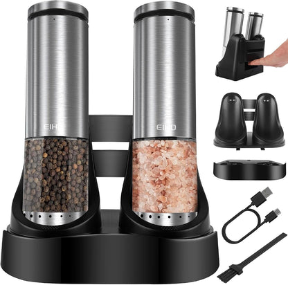 Electric Salt and Pepper Grinder Set USB Rechargeable, Upgraded External Adjustable Coarseness, Stainless Steel Automatic Salt and Pepper Shakers Mills with LED Light, House Warming Cooking Gifts1