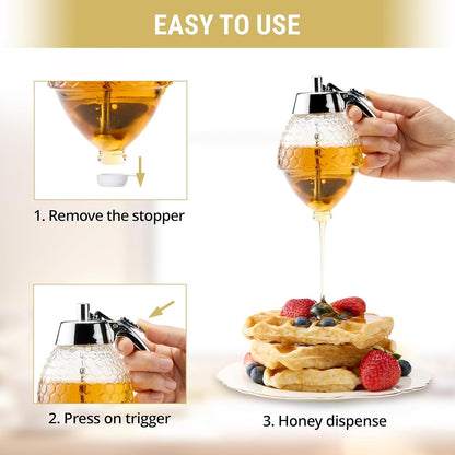 Stainless Steel Shaft Honey and Maple Syrup Dispenser - No Drip Glass Honeycomb Jar with Stand, 8 Oz Syrup Pot, Silver Plastic Top5