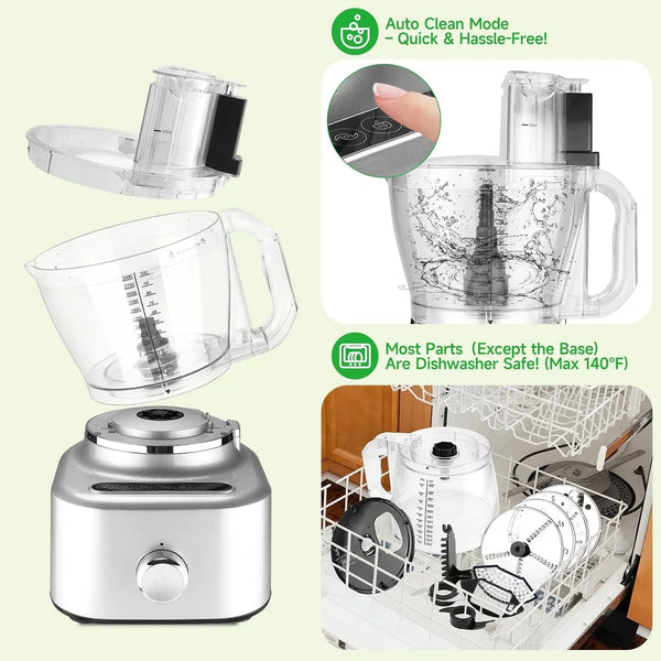 16 Cup Food Processor Blender Combo, 11-In-1 Glass Blender for Home | 1.8L Glass Blender, 5 Preset Modes, Veggie Meat Chop, Dice, Shred, Slice, French Fries Cut,Dough Knead, Blend, Stepless Speed5