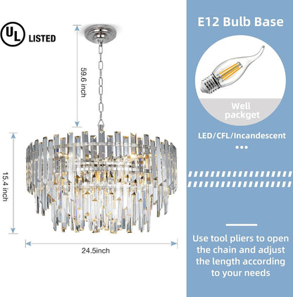 24" Modern Crystal Chandelier, 3-Tier Chrome Pendant Light with 8 Lights, Luxury K9 Crystal Ceiling Fixture for Dining Room Living Room Foyer4