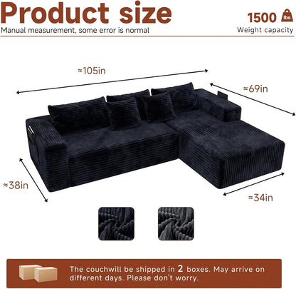 Couch ≈105-Inch L-Shaped Sofa,Boneless Couch with Chaise Black2