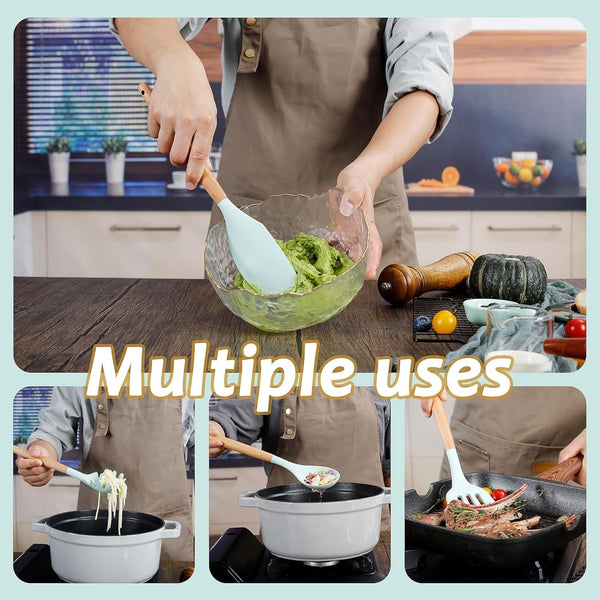Silicone Kitchen Utensils Set, 35 Pcs Non-Stick Cooking Utensils Set, Sturdy Insulation Wooden Handle Kitchen Accessories for Cooking with Spatula Set and Spoons Set Gadgets (Light Green)6