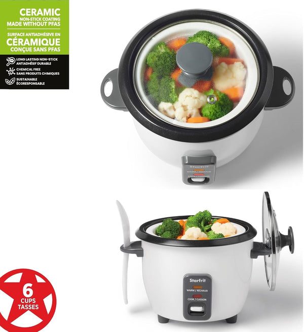Electric Rice Cooker, 6 Cups, Ceramic Nonstick, 300W | Makes up to 6 Cups. Cook & Keep Warm. Ceramic Nonstick Pot. Steamer Basket Included. 300W Performance.8