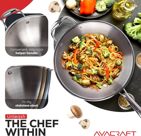 10 Inch Tri-Ply Stainless Steel Wok with Helper Handle | Full Tri-Ply Body, Flat Bottom, Ergonomic Helper Handle, Induction Compatible, Oven Safe, Dishwasher Safe5