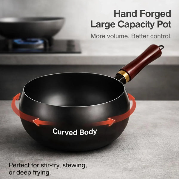 2026 NEW Uncoated Thick Iron Pot with Lid, Japanese Cast Iron Pan, Multifunctional Non-Stick Cast Irons Wok for Cooker Gas Stir Fry Pans (With Wooden Lid, 8 In)4