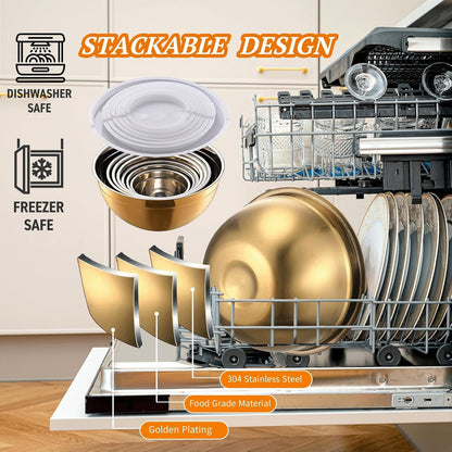 7 Pack Gold Mixing Bowls Set with 5 PCS Kitchen Accessories, Stainless Steel Nesting Mixing Bowls with Airtight Lids, Baking, Prepping and Serving Food, Stackable Size 7,3.6,2.7,2.1,1.5,1.1,0.8QT6