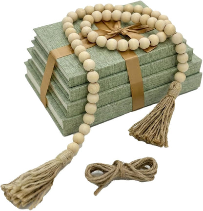 Decorative Books for Home Decor-Set of 4 Real Linen Decorative Books, Stacked Books with Wood Bead Garland, Jute Twine & Satin Ribbon, Neutral Modern Farmhouse & Boho Shelf Decor (Sage)1