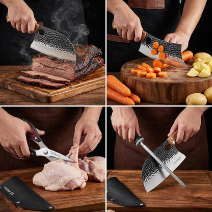 9PCS Butcher Knife Set, 7" Butcher Meat Cleaver, a 7" Serbian Chef Knife, a 6.5" Viking Knife, 3 Knife Sheath, Poultry Shears, Honing Steel and Knife Roll Bag (Unique Bull Pattern)4