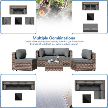 5 Piece Outdoor Patio Furniture Set with Brown PE Rattan, Gray1