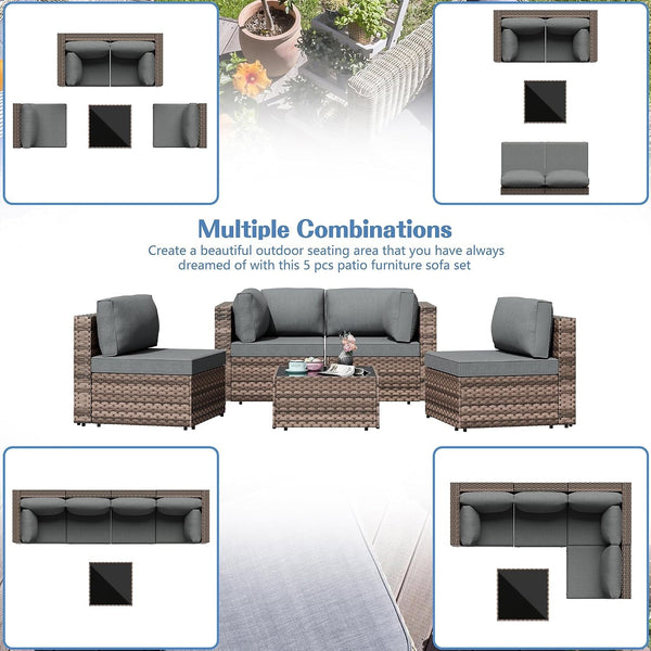 5 Piece Outdoor Patio Furniture Set with Brown PE Rattan, Gray1