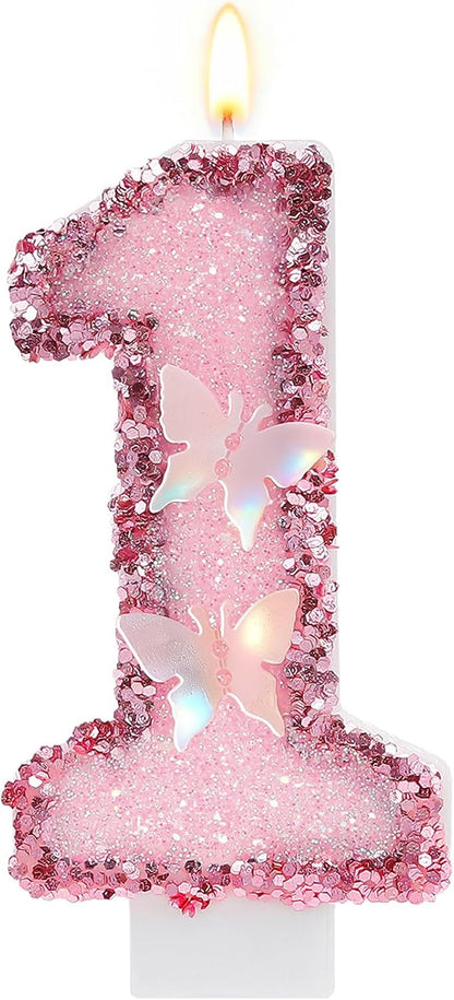 Pink Butterfly Number 1 Birthday Candle, Glitter Sequins Candle Cake Topper, Cupcake Decorations for Anniversary Celebrations Party Supplies1
