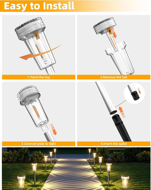 12 Pack Solar Pathway Lights Outdoor, Solar Powered Garden Lights Auto On/Off, Waterproof Stainless Steel Pole Landscape Lighting for Path, Yard, Walkway, Driveway Decor - Warm White7