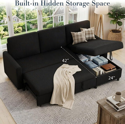70'' Sleeper Sofa Bed with Storage, Convertible Pull Out Couch Futon for Living Room, Apartment, Corduroy Fabric L Shaped Sectional Sofa Pull-Out Bed, Black4