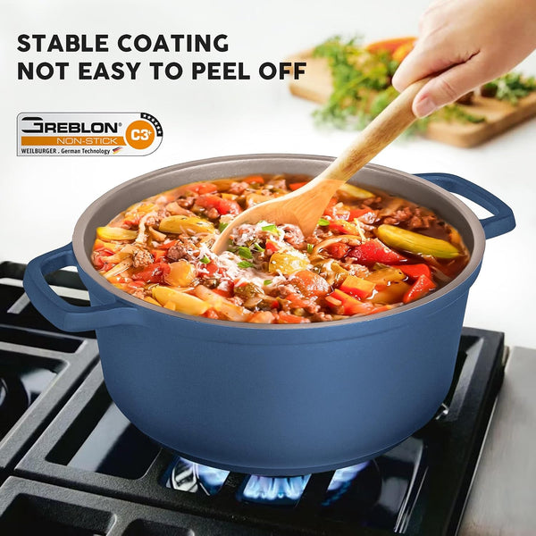Large Dutch Oven Pot with Lid-7.5Qt Cast Aluminum Oven Pot with Two Handles Lightweight for Bread Baking Braising and Roasting(Blue)4