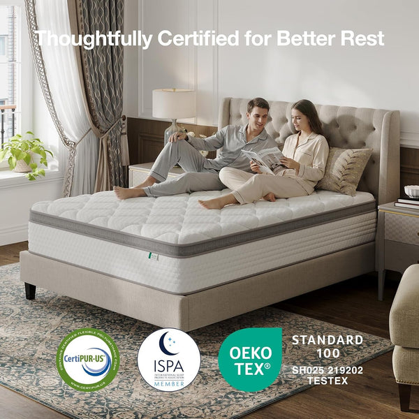Queen Mattress, 12 Inch Hybrid Mattress Queen with Comfort Foam|Innerspring Pillow Top Mattresses in a Box, Pressure & Pain Relief, Soft Feel but Supportive, Certipur-Us8