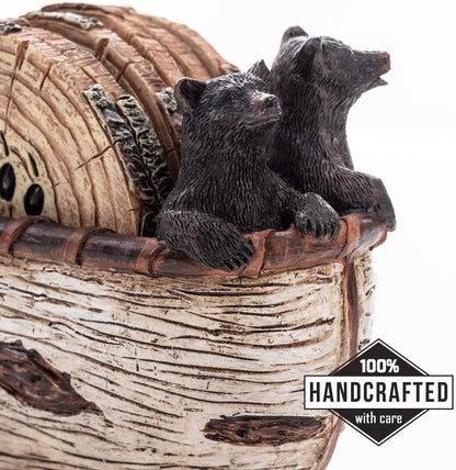 Bear Coasters - Set of 6 Full Size Rustic Coasters in Handmade Canoe with Adorable Black Bear Figurines - Log Cabin Decorations, Rustic Lodge Decor for the Home2