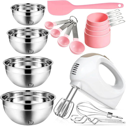 Electric Hand Mixer with 5 Stainless Steel Whisks,5 Speed,White | Portable Kitchen Mixer Electric Whisk with 4 Stainless Steel Mixing Bowls, Measuring Cups, Spoons & Silicone Spatula1