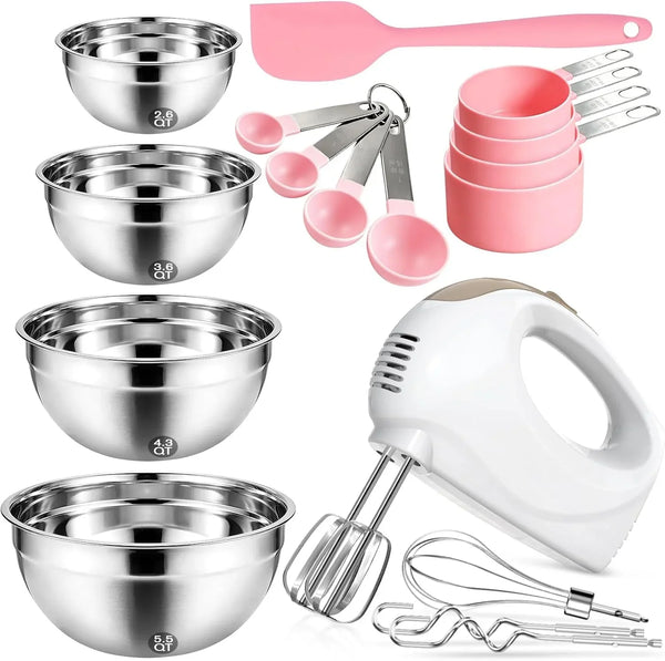 Electric Hand Mixer with 5 Stainless Steel Whisks,5 Speed,White | Portable Kitchen Mixer Electric Whisk with 4 Stainless Steel Mixing Bowls, Measuring Cups, Spoons & Silicone Spatula1