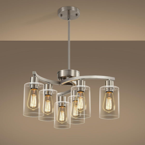 6-Light Brushed Nickel Chandeliers for Dining Room Light Fixtures over Table, Adjustable Height Hanging Industrial Pendant Lighting for Kitchen Island Bedroom, Clear Glass Shade1