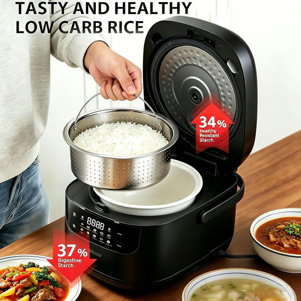 Small Stainless Steel Low Carb Rice Cooker 2L,6 Cups Cooked/3 Cups Uncooked | 400W Non-Stick Ceramic Rice Maker,24 Hours Timer Delay,10 Functions,Fast Cooker,Auto Keep Warm,Black3
