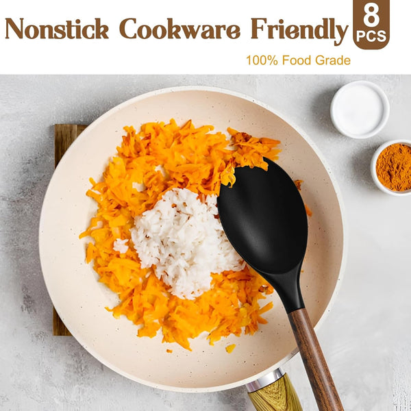 Silicone Cooking Utensil Set,  8-Piece Kitchen Utensils Set with Natural Acacia Wooden Handles,Food-Grade-Silicone Kitchen Gadgets Spatulas Set for Nonstick Cookware- Black3