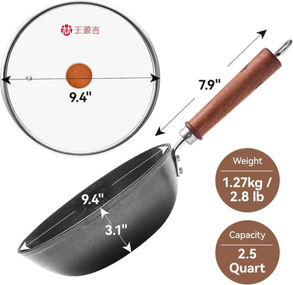 9.5 Inch Small Cast Iron Wok with Lid - Handcrafted Tortoise Shell Texture Uncoated Stir Fry Pan, Flat Bottom Wok for Electric, Induction & Gas Stoves, 2.5 Quart (Requires Seasoning)7