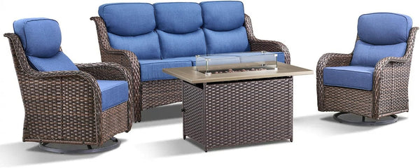 Luxury Patio Furniture Set with Fire Pit Table-4 Pieces High Back Wicker Swivel Rocker Chairs with 6" Extra Thick Cushions, Outdoor Patio Conversation Sets for Garden Deck(Brown/Blue)9