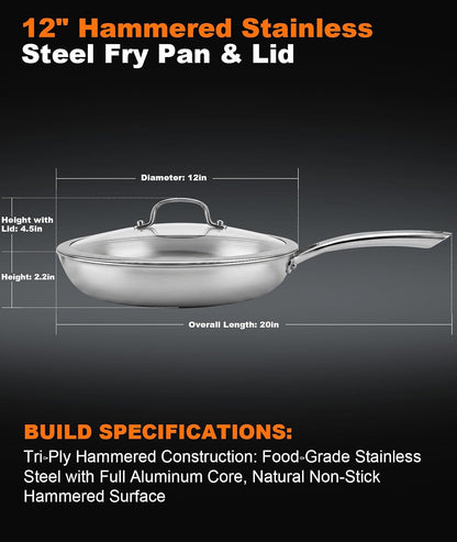 Titanium Pans for Cooking, 12" Uncoated Hammered Titanium Pro Frying Pan, PFAS Free Cookware, Frying Pan with Lid, Non Toxic Tri-Ply Skillet for Cooking, PFAS/PFOA/PTFE Free, Induction & Oven-Safe8