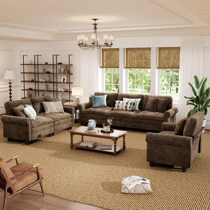 Modular Sectional Sofa Set Living Room 3-Piece Extra Deep Seats | Mid-Century Modern 6-Seater Cloud Couch Set, Grayish Brown, Rolled Arms & Nailhead Trim, Wider Seats, Chenille Furniture Set1