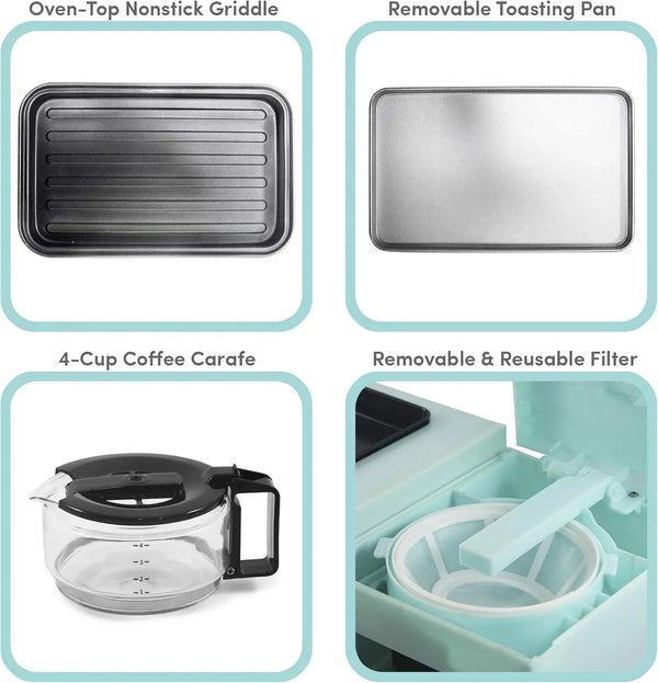 Americana Breakfast Center, Griddle & Toaster Oven, Blue | 2-Slice W/15-Min Timer & Heat Selector Mode, plus 9.5" Griddle W/Glass Lid & 4-Cup Coffeemaker4
