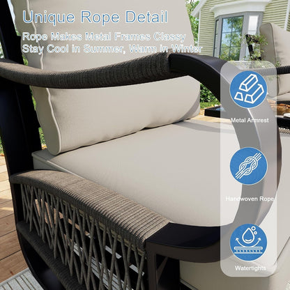 5 Pieces Outdoor Conversation Set, Rope Patio Furniture Sets Metal 2 Swivel Rockers with Side Table Loveseat Sofa with Coffee Table, Beige Cushions5
