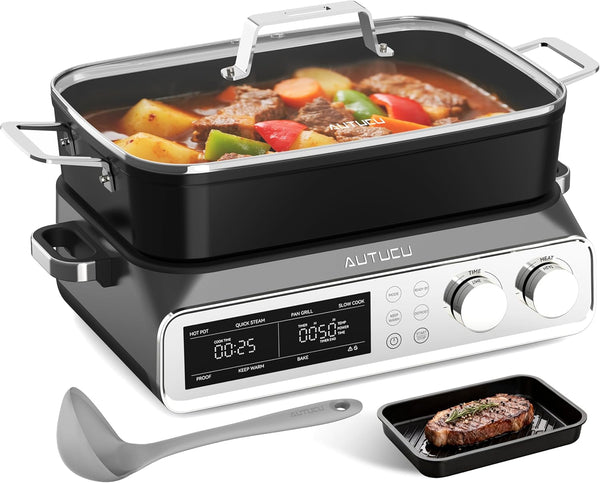 N21NA Pro Slow Cooker 10 Quart, 8-In-1 Programmable Pfoa-Free Ceramic Coated Multi-Cooker with Grill Pan, Steaming Plate (Includes Silicone Spoon & Tongs)1