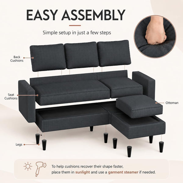 73.6" L-Shaped Small Sectional Sofa with Ottoman, Gray6