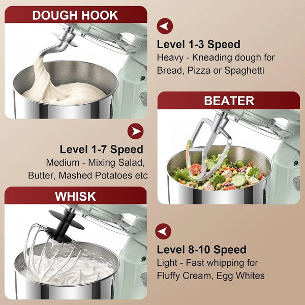 4QT Electric Stand Mixer, 10-Speed Tilt-Head Compact Kitchen Mixer | Multiple Stylish Colors | Food Mixer with Dough Hook & Beater & Whisk | for Cake & Bread | Dishwasher-Safe | Green5