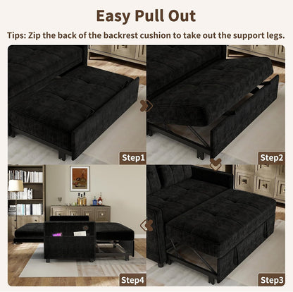 3 in 1 Convertible Sleeper Sofa Bed, Corduroy Pull Out Couch, Black5