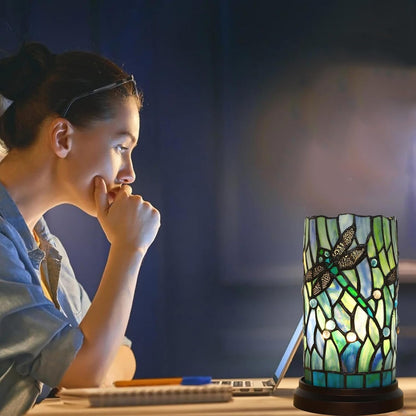 Tiffany Style Table Lamp for Bedroom Baroque Stained Glass Nightstand Bedside Night Lamp Party Light Hand-Made Art Home Deco Christmas Gifts W/ 2 LED Bulbs (3 Color Temperatures+Flame Bulb)4