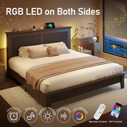 Wood Queen Bed, Solid Wood Bed with Tall Headboard, American Vintage Design, Queen Bed with Charging Station & RGB LED, Wood Slats Support, Noise-Free, Sturdy Structure, Easy Assembly, Walnut6