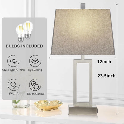 23.5" Touch Control Table Lamps Set of 2, Modern Silver Bedside Lamps with USB A+C Ports & AC Outlet, 3 Way Dimmable Contemporary Nightstand Lamps for Bedroom Living Room(2 LED Bulb Included)4