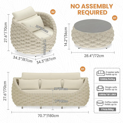 4-Piece Rope Lanai Furniture Sofa Set, Outdoor Living Seating, Beige6