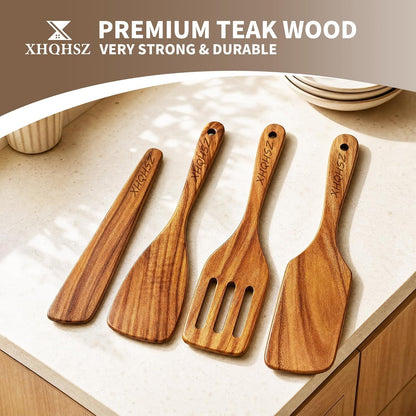 Natural Teak Wood Cooking Utensils, Wooden Spatula Set with Paddle, Turner, Slotted Spurtle & Scraper, Long Ergonomic Handle, Safe for Non-Stick Pans (4 Pack)5