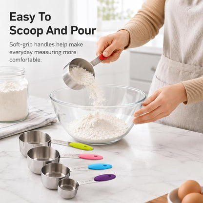5-Piece Stainless Steel Measuring Cups with Non-Slip Handles, Kitchen Measuring Cups for Dry & Liquid Ingredients, Cooking & Baking, 1/8, 1/4, 1/3, 1/2 & 1 Cup, Colorful4