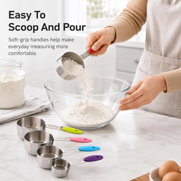 5-Piece Stainless Steel Measuring Cups with Non-Slip Handles, Kitchen Measuring Cups for Dry & Liquid Ingredients, Cooking & Baking, 1/8, 1/4, 1/3, 1/2 & 1 Cup, Colorful4