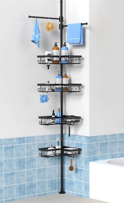 Black Shower Caddy Tension Pole with 2 Towel Bars, Adjustable Corner Bathroom Organizer, Rustproof Bathtub Storage Shelves for Shampoo, 25–114.2 Inch Shower Corner Rack for Renters & Family1