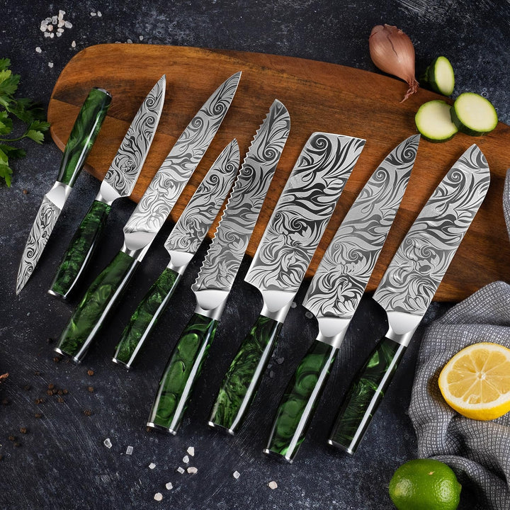 SENKEN 14-Piece "Wasabi" Japanese Kitchen Knife Set - 8-Piece Chef Knife Set with 6 Matching Serrated Steak Knives+2