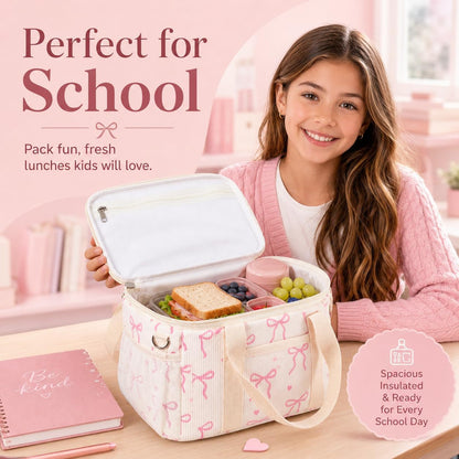 Lunch Box for Women and Girls, 9.4L Insulated Corduroy Leakproof Lunch Tote Bag with Wide Opening, Multiple Pockets and Adjustable Shoulder Strap for Work, School, Picnic and Travel, Beige Bow2