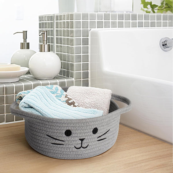 Small Cat Toy Basket, 10”X10”X4” Gray Cotton Rope Storage Bin with Handles, Woven Cat Organizer Box for Indoor Pets, Cute Kitty Easter Basket Gifts Empty, Living Room Nursery Decor7