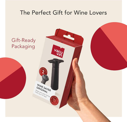 Original Wine Pump - 2 Vacuum Wine Stoppers - Wine Saver - Black | 2 Bpa-Free Wine Bottle Stoppers, Wine Vacuum Pump, Airtight Seal, Reusable, up to 10 Days Freshness, No Batteries10