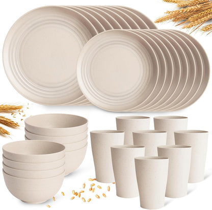 32 Pcs Wheat Straw Dinnerware Set for 8, Cream Reusable Plates and Bowls Set, Microwave Safe Lightweight Unbreakable Dishes Set for Kitchen, Camping, Outdoor, RV1